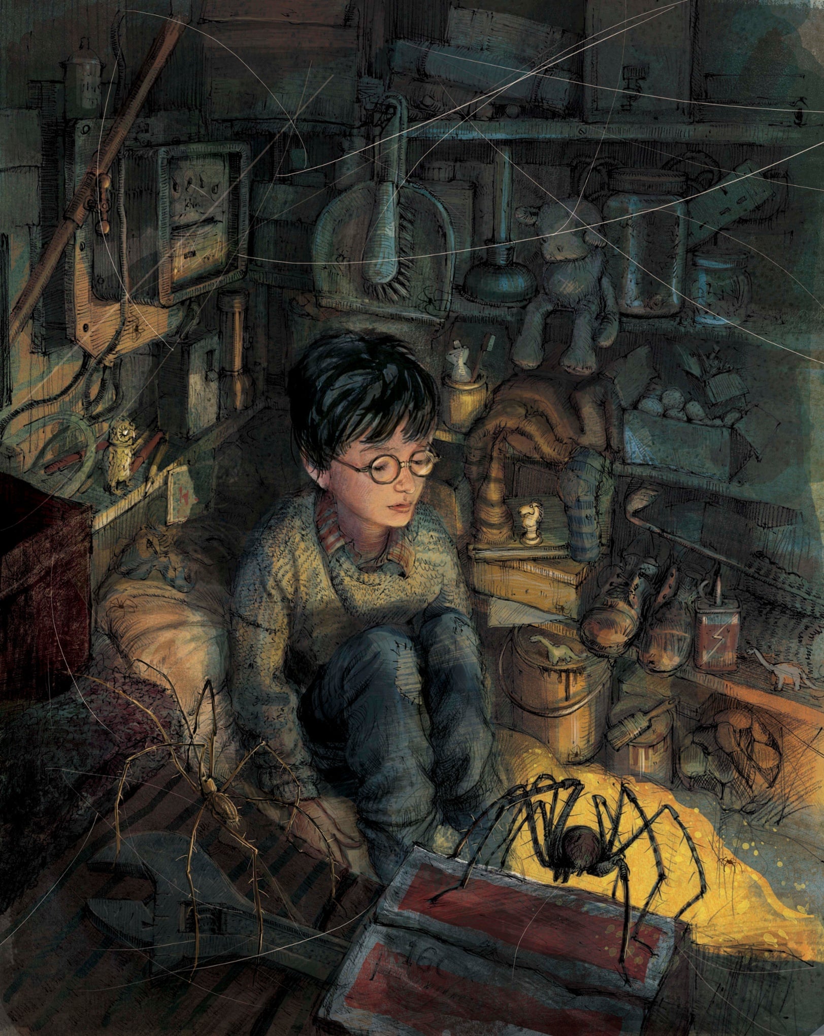 Illustration of Harry Potter in the cupboard under the stairs.