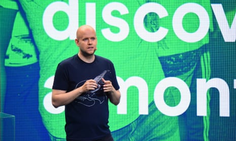 Spotify chief Daniel Ek, on stage at its New York press conference on Wednesday.