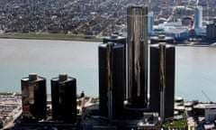 The General Motors (GM) world headquarters building stands tallest amidst the Renaissance Center in the skyline of city's downtown on November 21, 2008 in Detroit, Michigan.