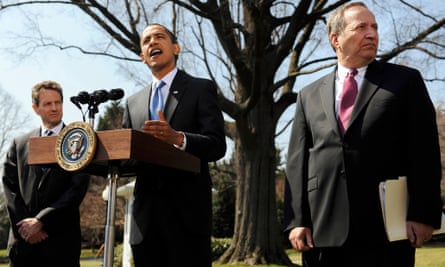 Barack Obama with former US treasury secretary Timothy Geithner, left, and Larry Summers, right, whom Stiglitz blames for the president's failure to enact more far-reaching reform.