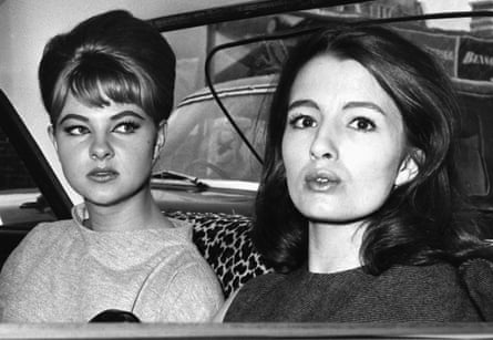 Christine Keeler and Mandy Rice-Davies, key figures in the Profumo scandal, leave the Old Bailey after the first day of the trial.