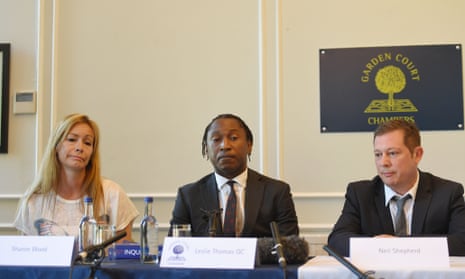 Sharon Wood, Leslie Thomas QC and Neil Shepherd at a press conference 