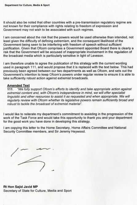 Second page of Sajid Javid's letter to the prime minister.