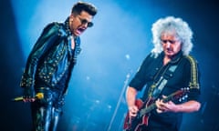 They will rock you … Adam Lambert on stage with Brian May.