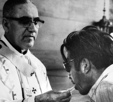 Archbishop Oscar Romero offers the host wafer during a mass in San Salvador in 1980.