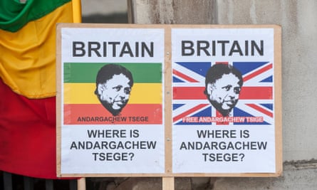 Placards belonging to protestors outside the Foreign Commonwealth Office to demand the immediate release of UK citizen, Andargachew Tsege, who is being held in incommunicado detention in Ethiopia, having been kidnapped in Yemen in June 2014.