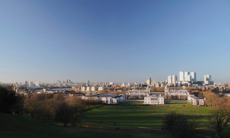 Greenwich Park with the Royal Naval College, Queens House and Canary Wharf in the distance.