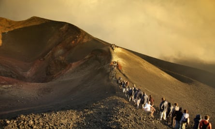 Tour Group Climbing Mount Etna; Taormina, Sicily, Italy