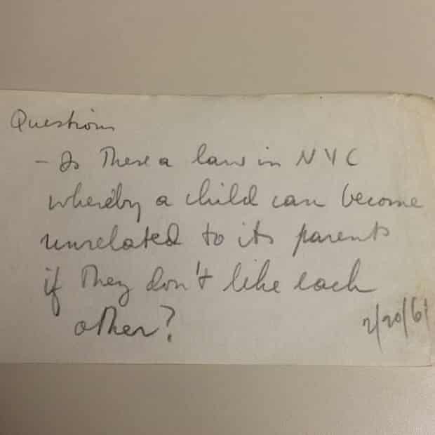 “Is there a law in NYC whereby a child can become unrelated to its parent if they don’t like each other?”2/20/61