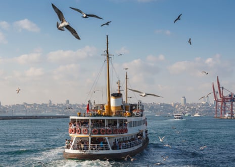 A ferry crosses the Bosphorus in Istanbul.