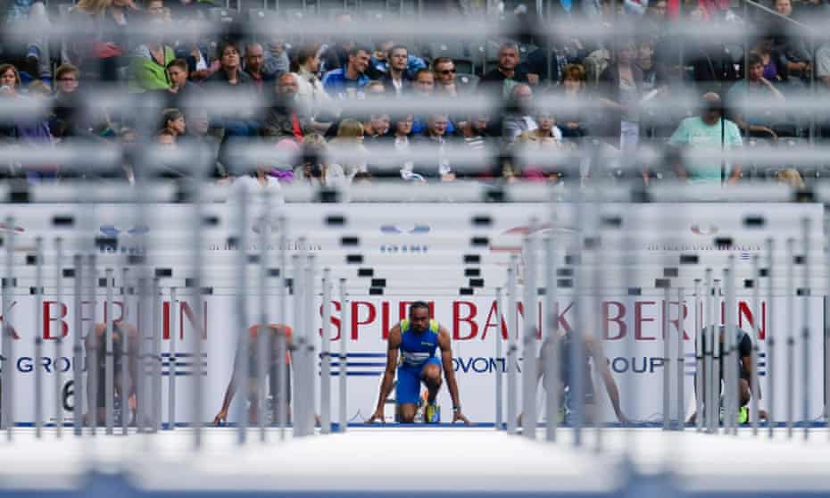 A sprinter faces a set of hurdles