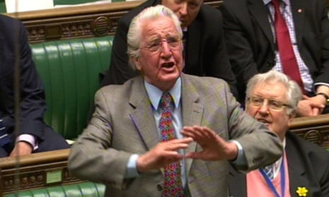 Dennis Skinner MP speaks from his usual position in the House of Commons.