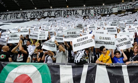 The names of the Juventus fans killed at the Heysel stadium disaster 30 years ago are displayed by fans at the Juventus Stadium last Saturday.