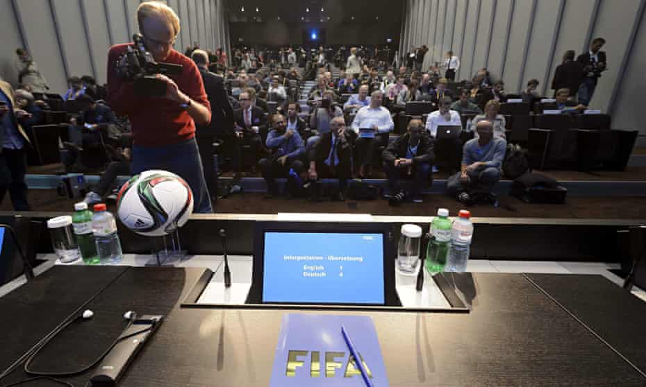 Journalists await a press conference at the FIFA headquarters in Zurich.
