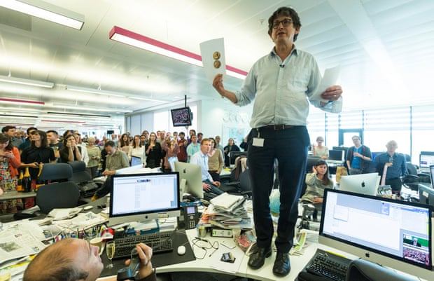 Alan Rusbridger addresses staff in the news room at the Guardian's office in Kings Cross in London after the paper was awarded a Pulitzer prize for public service in 2014.