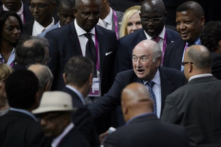 Blatter is congratulated after winning a fifth term as Fifa president.