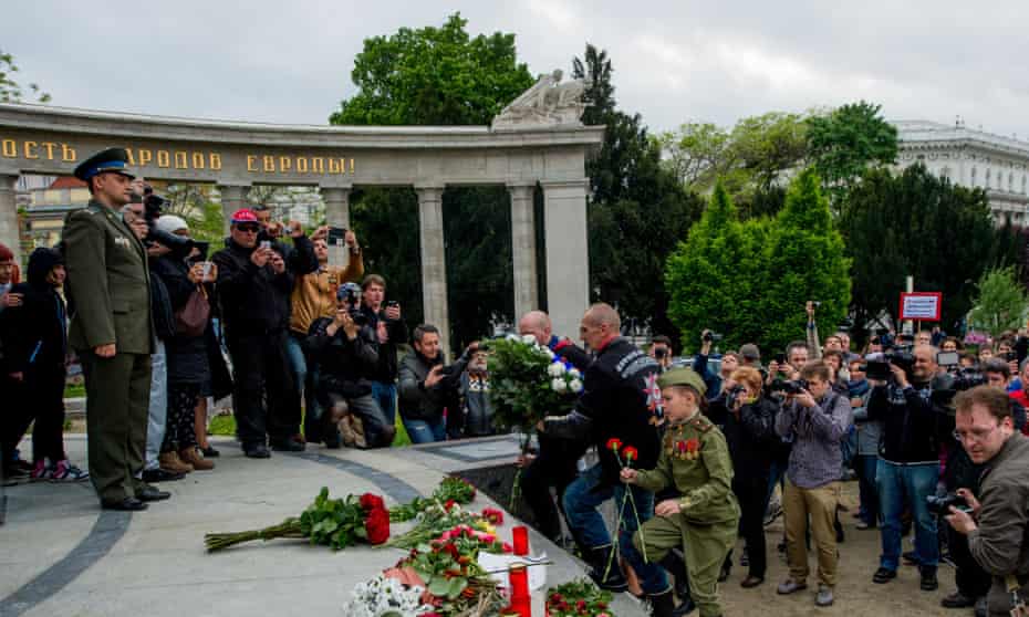 Members of the Night Wolves motorcycle club attend the memorial for Soviet soldiers in Vienna.
