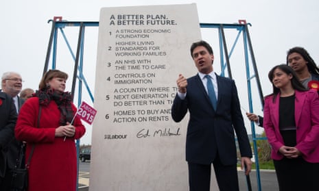 Ed Miliband unveils Labour's pledges carved into a stone plinth in Hastings on Saturday.