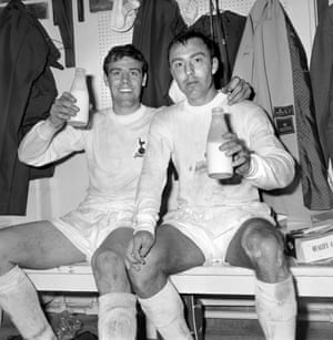 <strong>1967 Tottenham Hotspur v Chelsea</strong> Spurs players Mike England, (left) and Jimmy Greaves, celebrate Spurs’ 2-1 victory with a pint of milk