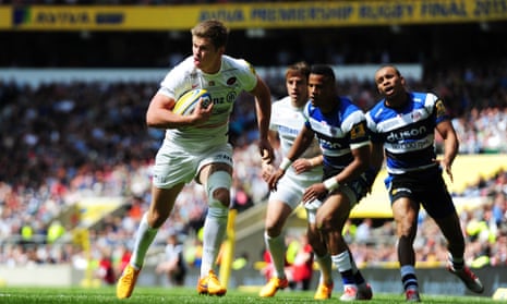 Owen Farrell of Saracens crosses the line for the opening try of the game.