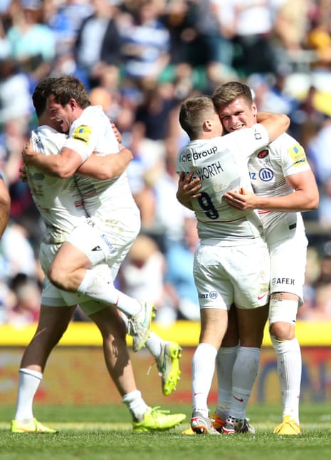 At the full-time whistle, Saracen's Richard Wigglesworth and man of the match Owen Farrell  celebrate victory.