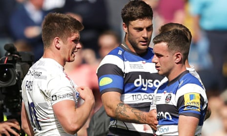 Owen Farrell of Saracens and George Ford of Bath together at the end of Premiership play-off final