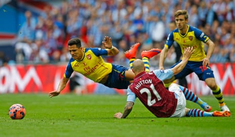 Arsenal's Alexis Sanchez goes flying after being fouled by Aston Villa's Alan Hutton.
