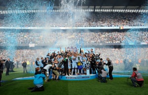 2011-12 Manchester City players celebrate after Sergio Agüero's dramatic injury time winner gave them a 3-2 win over Queens Park Rangers which meant they won their first title in 44 years on goal difference