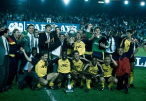 1988-89 Arsenal celebrate after winning the First Division Championship in the most dramatic fashion with a 2-0 victory over Liverpool at Anfield. Michael Thomas's goal, scored in the last minute of the last game of the season meant the Gunners won the title on goals scored