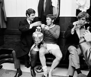 1969-70 Everton showed they were no fools when they won the First Division title for the seventh time on April 1, with a 2–0 win over West Bromwich Albion at Goodison Park. Brian Labone, left, and Alan Ball raise a toast to the First Division Championship trophy in the dressing room with Keith Newton,  seated extreme right