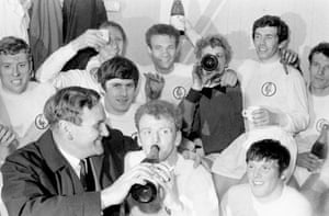 1968-69 Leeds United players celebrate with champagne and cigars in the dressing room after drawing 0-0 with Liverpool, a result which wrapped up Leeds' first Division One Championship title