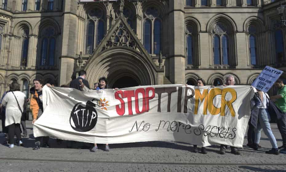 People demonstrating against TTIP in Manchester. The proposed trade deal between the European Union and the United States would make the blocs the biggest free-trade area in the world.