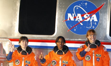 Space shuttle Discovery's three female astronauts Dorothy Metcalf-Lindenburger, Stephanie Wilson, and Japan Space Agency astronaut Naoko Yamazaki in 2010.