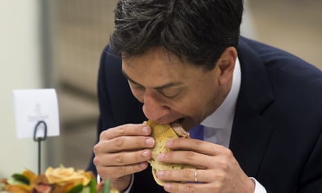 Ed Miliband showing how it's done, tucking into a bacon sandwich.
