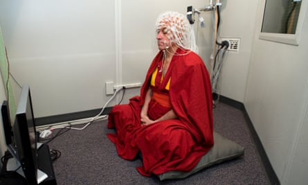 In the zone: Matthieu Ricard, Buddhist monk and ‘world’s happiest person’, wears a geodesic sensor net.