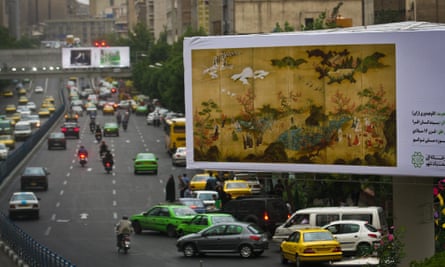 Billboards in Tehran showing artworks by Iranian and foreign artists.