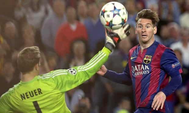 Barcelona's Lionel Messi clips the ball past Manuel Neuer to score the second of his goals in the 3-0 Champions League win over Bayern Munich.