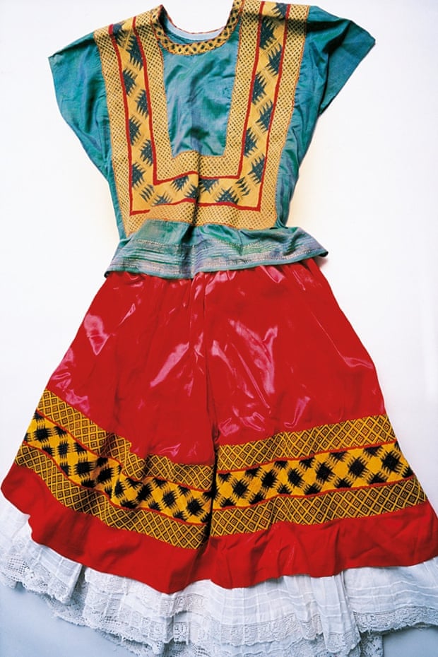 A corset-style bodice and long flowing skirt in vibrant colours were a signature silhouette for Kahlo.