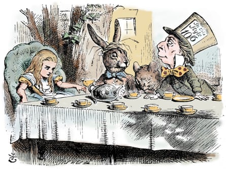 The Mad Hatter's tea party, by Tenniel.