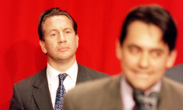 Conservative defence minister Michael Portillo, left, seems at loss as Labour's Stephen Twigg makes his victory speech after winning Enfield Southgate in 1997.