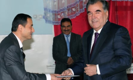 Tajik President Emomali Rahmon casting his vote at a polling station during the presidential elections, in Dushanbe, Tajikistan 2013.