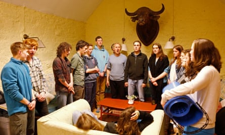 Right on song: singing in the youth hostel.
