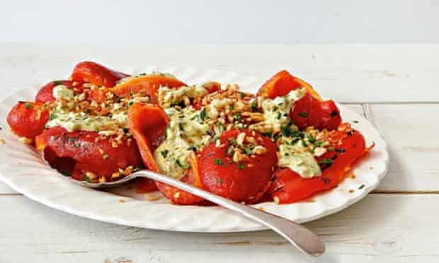 Warm red peppers with tarragon, caper and egg dressing