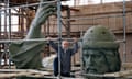 Russian artist Salavat Scherbakov climbs up the scaffolding around his model for a monument of Vladimir the Great at a workshop in Moscow, Russia, 28 May 2015. The full monument with a height of over 24 m and a weight of 330 ton will consist of a cast bronze statue of Vladimir the Great with a huge cross in a hand and a sword behind a belt erected on a granite pedestal. The monument is to be placed on the Vorobyovy Gory Observation platform near the Moscow University (MGU), at the edge of the hill.