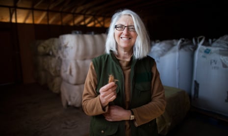 Organic cotton farmer Sally Fox holds a bit of her brown, shorter-fiber material used in The North Face’s limited-edition hoodie.