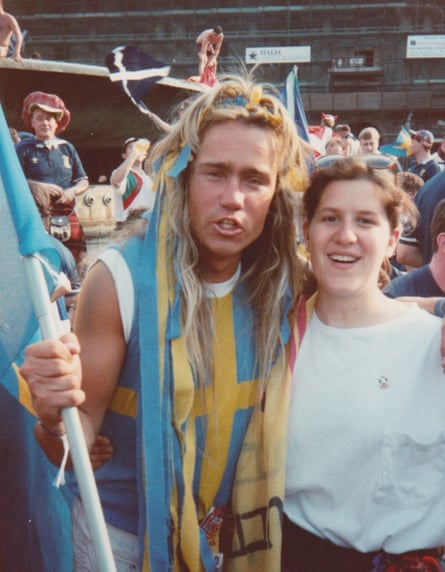 A young Amy Lawrence meets a Swedish fan in Genoa during the 1990 World Cup.