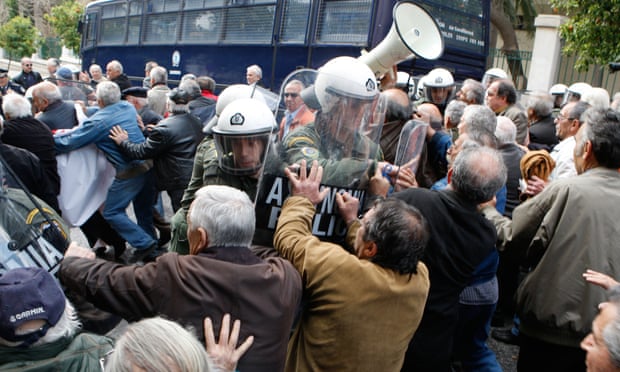 Greek pensioners demonstrating against pension freezes in Athens.