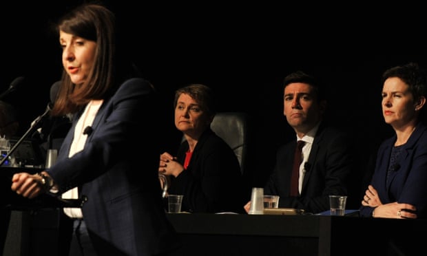 Labour leadership candidate Liz Kendall speaks on stage as fellow candidates Yvette Cooper, Andy Burnham and Mary Creagh listen at the Labour leadership hustings in Citywest hotel on June 9, 2015 in Dublin, Ireland.