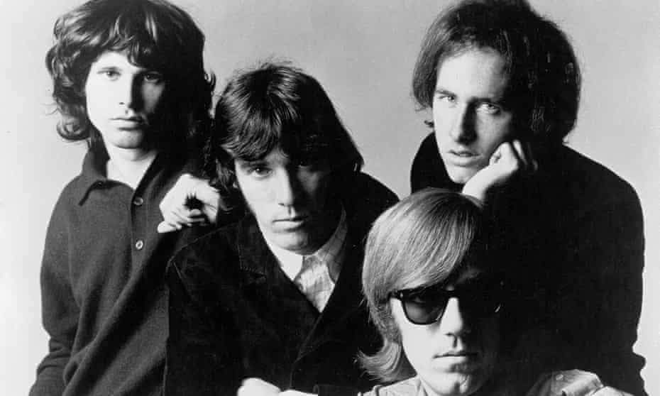 Rock group "The Doors" pose for a promotional photos circa 1966.  Left to right - Jim Morrison, John Densmore, Ray Manzarek, Robby Krieger.