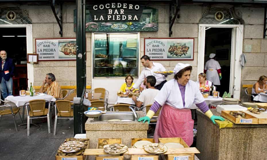 market scene with woman selling oysters